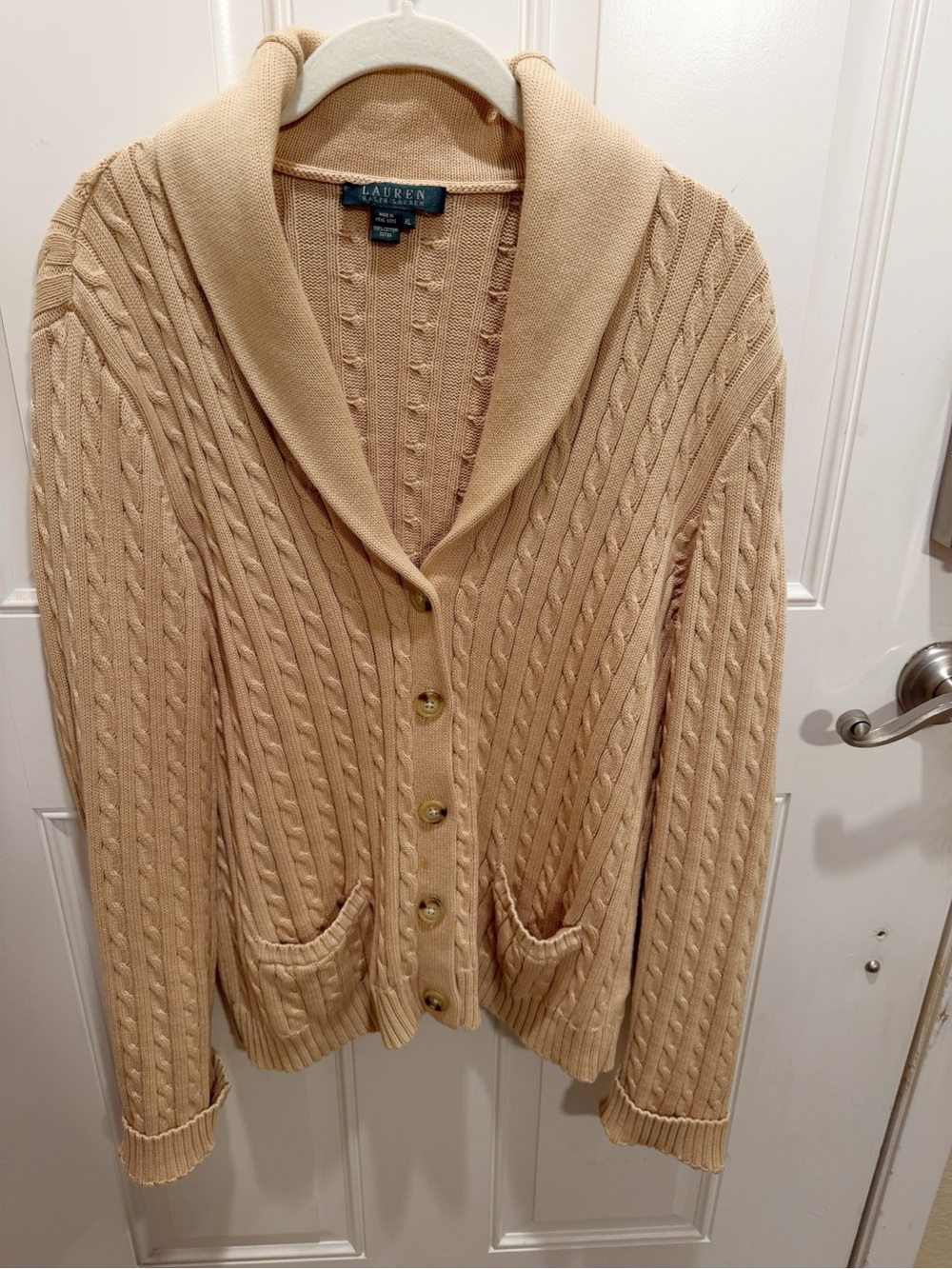 Lauren Ralph Lauren Tan Beige Shawl Collar Cable Cardigan Sweater XL Small Stain